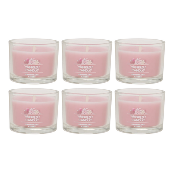 Yankee Candle Signature Votive Mini Candle Jar, Snowflake Kisses Scent, Natural Soy Wax Blend Candle with Natural Fiber Wick, 1.3 OZ Glass Jar (Pack of 6)