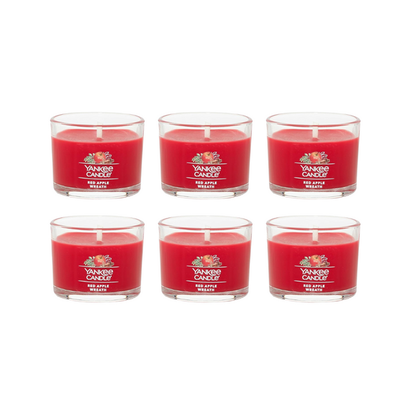 Yankee Candle Signature Votive Mini Candle Jar, Red Apple Wreath Scent, Natural Soy Wax Blend Candle with Natural Fiber Wick, 1.3 OZ Glass Jar (Pack of 6)