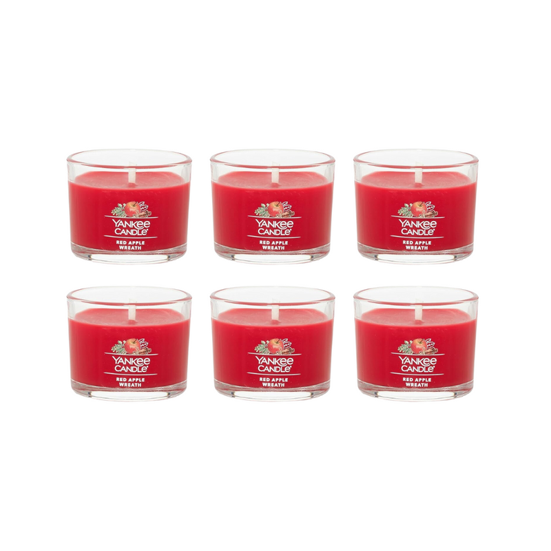 Yankee Candle Signature Votive Mini Candle Jar, Red Apple Wreath Scent, Natural Soy Wax Blend Candle with Natural Fiber Wick, 1.3 OZ Glass Jar (Pack of 6)
