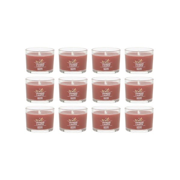 Yankee Candle Signature Votive Mini Candle Jar, Autumn Wreath Scent, Natural Soy Wax Blend Candle with Natural Fiber Wick, 1.3 OZ Glass Jar (Pack of 12)