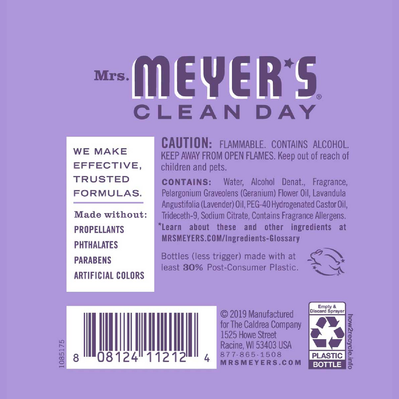Mrs. Meyers Clean Day - we make effective trusted formulas.  Made without: Propellants, phthalates, parabens, artificial colors