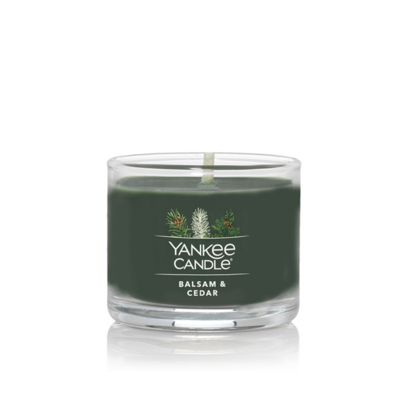 Yankee Candle Signature Votive Mini Candle Jar, Balsam & Cedar Scent, Natural Soy Wax Blend Candle with Natural Fiber Wick, 1.3 OZ Glass Jar (Pack of 4)