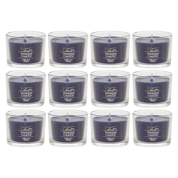 Yankee Candle Signature Votive Mini Candle Jar, Twilight Tunes Scent, Natural Soy Wax Blend Candle with Natural Fiber Wick, 1.3 OZ Glass Jar (Pack of 12)