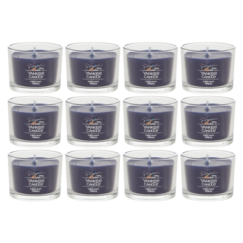 Yankee Candle Signature Votive Mini Candle Jar, Twilight Tunes Scent, Natural Soy Wax Blend Candle with Natural Fiber Wick, 1.3 OZ Glass Jar (Pack of 12)
