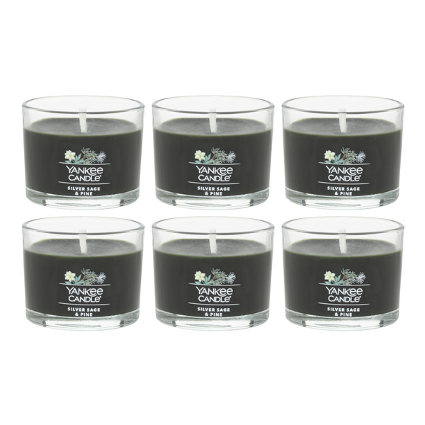 Yankee Candle Signature Votive Mini Candle Jar, Silver Sage & Pine Scent, Natural Soy Wax Blend Candle with Natural Fiber Wick, 1.3 OZ Glass Jar (Pack of 6)