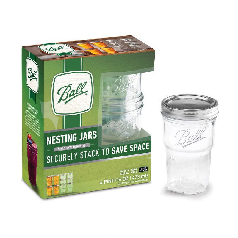 Ball Glass Nesting Mason Jars with Lids & Bands, Wide Mouth, Pint Size, 4 CT (3-Pack)