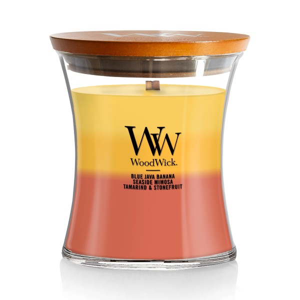 WoodWick Medium Tropical Sunrise Trilogy Hourglass Scented Candle, Crackles as it Burns, Blue Java Banana | Seaside Mimosa | Tamarind & Stonefruit, 9.7oz