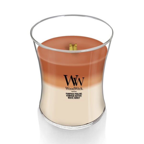 WoodWick Medium Pumpkin Gourmand Trilogy Hourglass Scented Candle, Crackles as it Burns, Pumpkin Praline | Pumpkin Butter | White Honey, 9.7oz