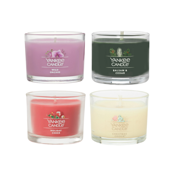 Yankee Candle Signature Votive Mini Candle Jar Jolly Jingle Variety Pack, 1 Christmas Cookie, 1 Balsam & Cedar, 1 Holiday Cheer, 1 Wild Orchid, 1.3 oz Each (Pack of 4)