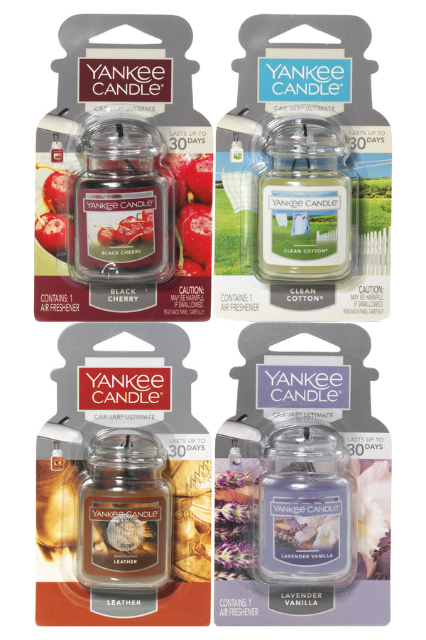 Yankee Candle Car Jar Ultimate Air Freshener Auto Aromas Variety Pack, 1 Black Cherry, 1 Clean Cotton, 1 Leather, 1 Lavender Vanilla, 0.96 oz (Pack of 4)