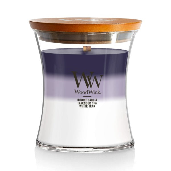 WoodWick Medium Evening Luxe Trilogy Hourglass Scented Candle, Crackles as it Burns, Hinoki Dahlia | Lavender Spa | White Teak, 9.7oz