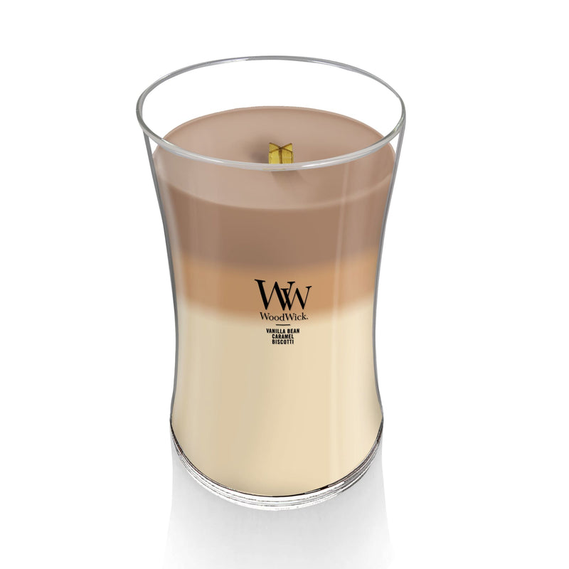 WoodWick Large Cafe Sweets Trilogy Hourglass Scented Candle, Crackles as it Burns, Vanilla Bean | Caramel | Biscotti, 21oz