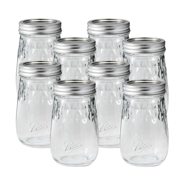 Ball Regular Mouth Glass Flute Mason Jars with Lids and Bands, Used for Canning, Pickling, Juice, Jam, Jelly, Pint Size 16 Ounce (Pack of 8)