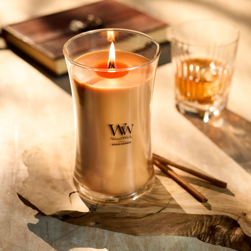 WoodWick Large Hourglass Scented Candle, Crackles as it Burns, Golden Bourbon, 21oz