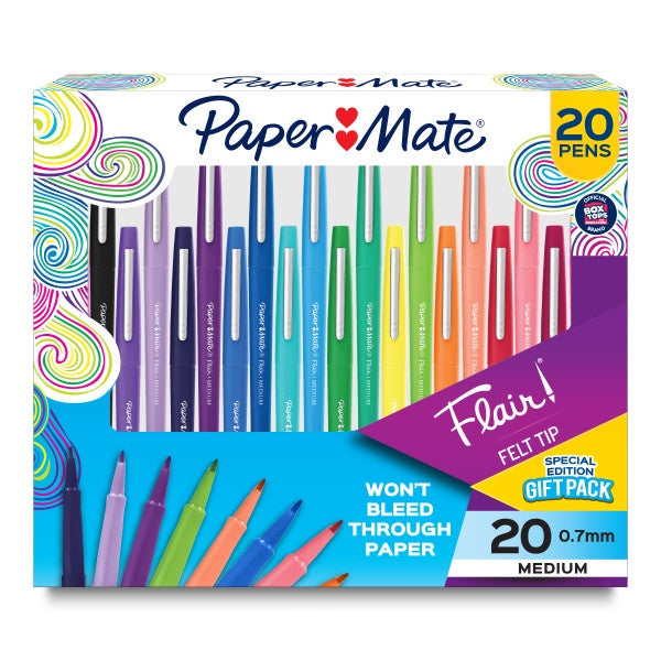 Paper Mate Flair Felt Tip Pens, Medium Point (0.7mm), Assorted Colors, 20 Count