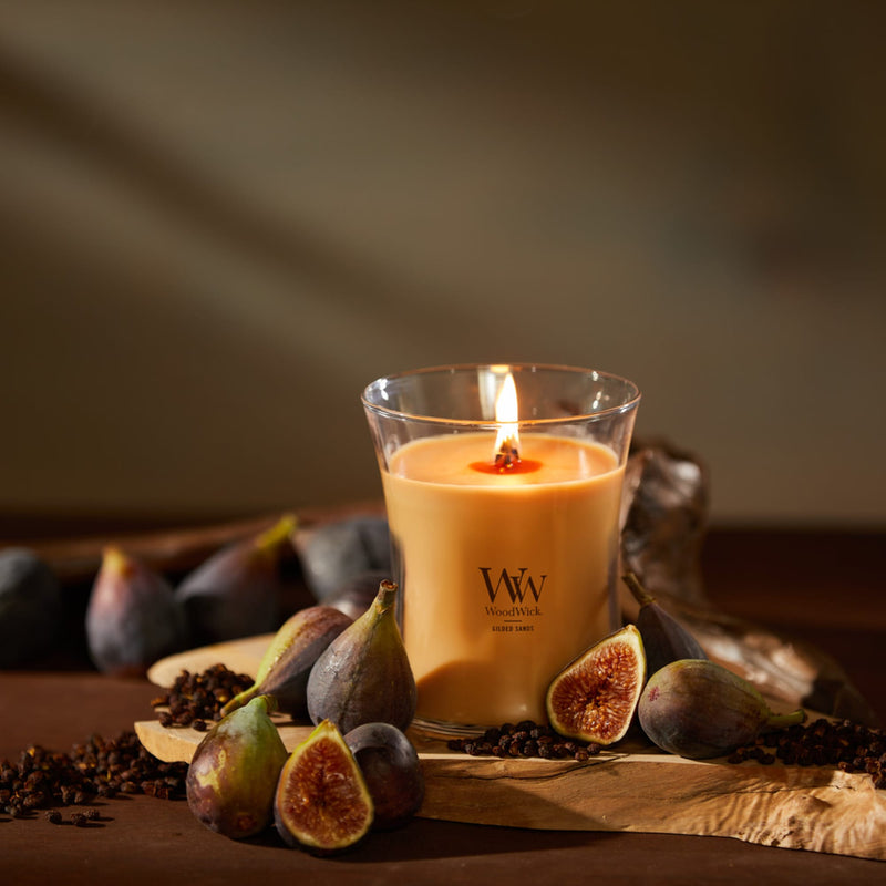 WoodWick Medium Hourglass Scented Candle, Crackles as it Burns, Gilded Sands, 9.7oz