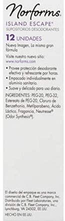 Norforms Feminine Deodorant Suppositories, Long Lasting Odor Control, Island Escape, 12 Count