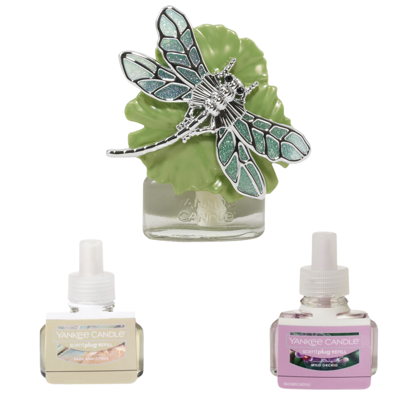 Yankee Candle Scent plug Diffuser Dragonfly With Light Sensor, Scent Plug Refill Sage & Citrus and Wild Orchid