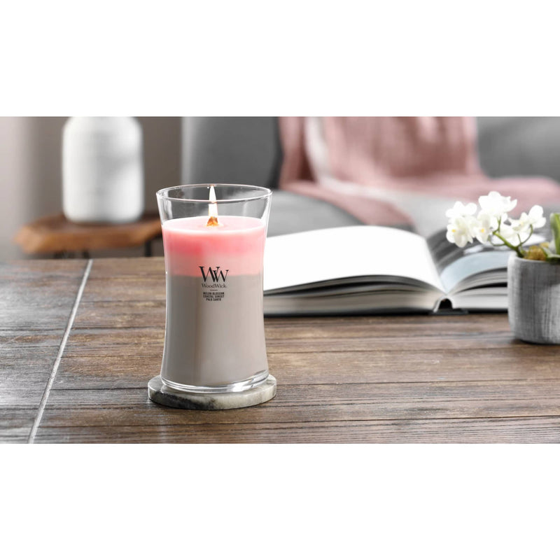 WoodWick Large Shoreline Trilogy Hourglass Scented Candle, Crackles as it Burns, Melon Blossom | Coastal Sunset | Palo Santo, 21oz