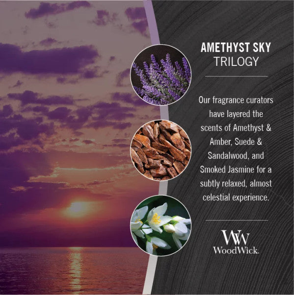 WoodWick Medium Amethyst Sky Trilogy Hourglass Scented Candle, Crackles as it Burns, Amethyst & Amber | Suede & Sandalwood | Smoked Jasmine, 9.7oz