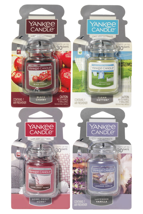Yankee Candle Car Jar Ultimate Air Freshener Scent Symphony Variety Pack, 1 Black Cherry, 1 Clean Cotton, 1 Home Sweet Home, 1 Lavender Vanilla, 0.96 oz (Pack of 4)
