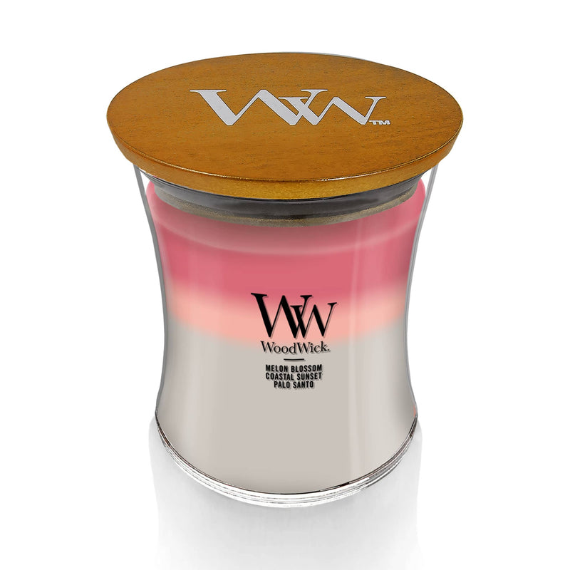WoodWick Medium Shoreline Trilogy Hourglass Scented Candle, Crackles as it Burns, Melon Blossom | Coastal Sunset | Palo Santo, 9.7oz