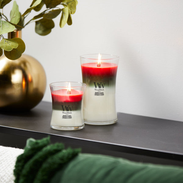 WoodWick Medium Winter Garland Trilogy Hourglass Scented Candle, Crackles as it Burns, Crimson Berries | Fraser Fir | White Teak, 9.7oz