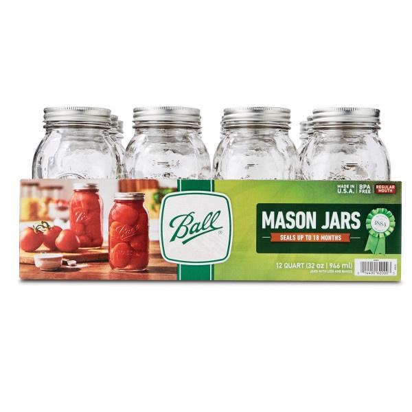 Ball Regular Mouth Glass Mason Jars with Lids and Bands, Used for Canning, Pickling, Juice, Jam, Jelly, Quart Size 32 Ounce (Pack of 36)