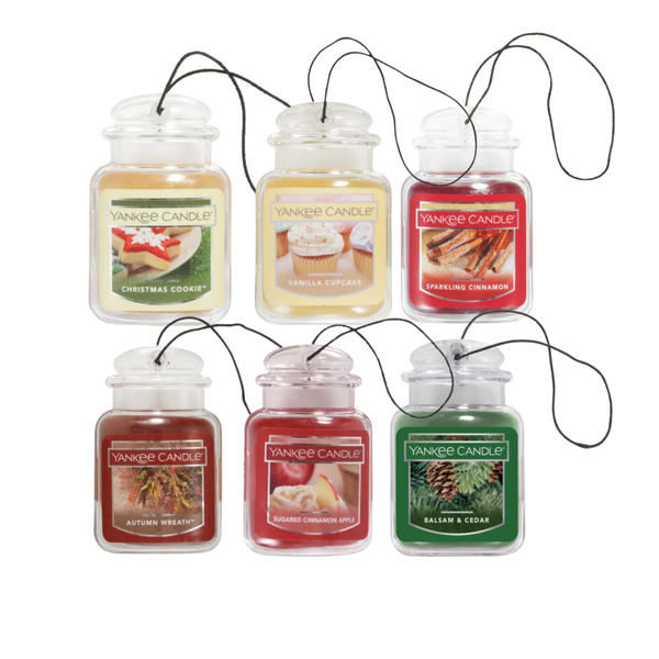 Yankee Candle Car Air Fresheners  Spice Medley Variety Pack, Hanging Car Jar Ultimate, Neutralizes Odors Up To 30 Days, 1 Balsam & Cedar, 1 Autumn Wreath, 1 Sparkling Cinnamon, 1 Sugared Cinnamon Apple, and 1 Vanilla Cupcake, 0.96 OZ (Pack of 6)