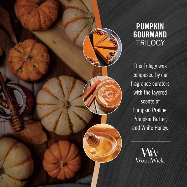 WoodWick Medium Pumpkin Gourmand Trilogy Hourglass Scented Candle, Crackles as it Burns, Pumpkin Praline | Pumpkin Butter | White Honey, 9.7oz