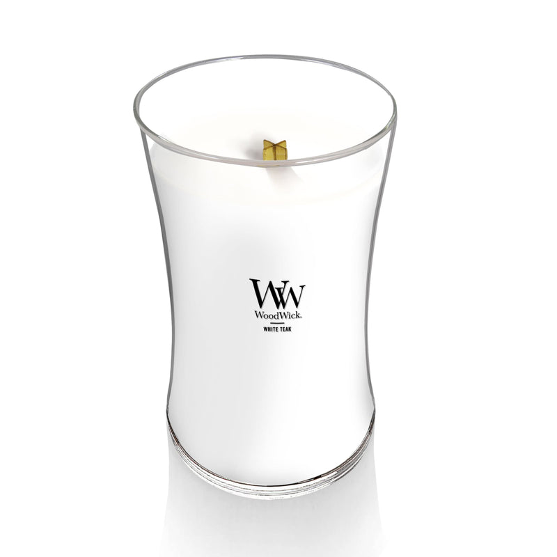 WoodWick Large Hourglass Scented Candle, Crackles as it Burns, White Teak, 21oz