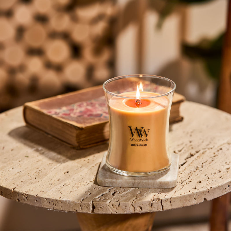 WoodWick Medium Hourglass Scented Candle, Crackles as it Burns, Golden Bourbon, 9.7oz