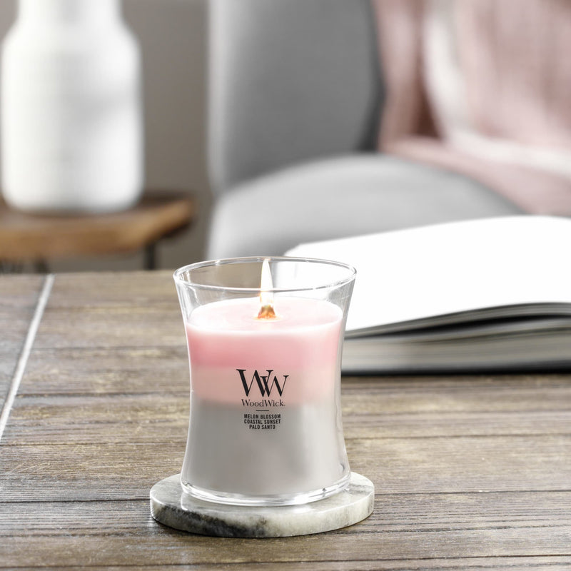 WoodWick Medium Shoreline Trilogy Hourglass Scented Candle, Crackles as it Burns, Melon Blossom | Coastal Sunset | Palo Santo, 9.7oz