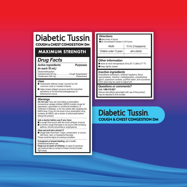 Diabetic Tussin DM Max Strength Cough & Chest Congestion Relief, Safe for Diabetics, Berry Flavored, 4 fl oz