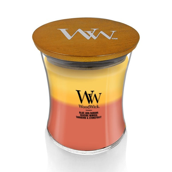 WoodWick Medium Tropical Sunrise Trilogy Hourglass Scented Candle, Crackles as it Burns, Blue Java Banana | Seaside Mimosa | Tamarind & Stonefruit, 9.7oz