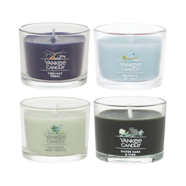 Yankee Candle Signature Votive Mini Candle Jar Tranquil Peaks Variety Pack, 1 Cucumber Mint Cooler, 1 Silver Sage & Pine, 1 Twilight Tunes, 1 Majestic Mt Fuji, 1.3 oz (Pack of 4)