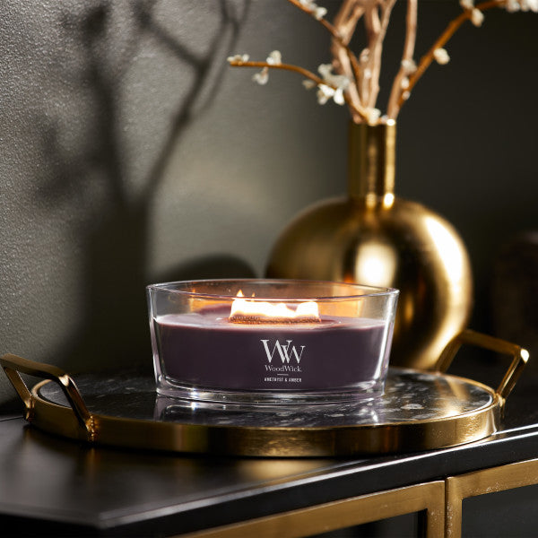 WoodWick Scented Ellipse Candle, Crackles as it Burns, Amethyst & Amber, 16oz