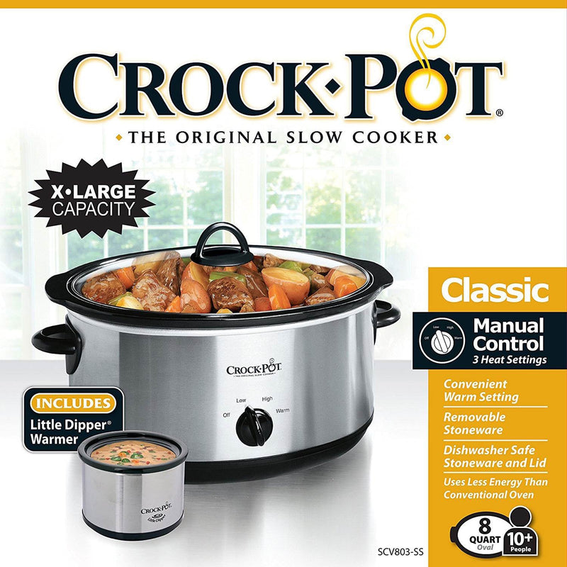 Crock-Pot 8-Quart Manual Slow Cooker with Little Dipper Food Warmer, Stainless Steel, 1 CT