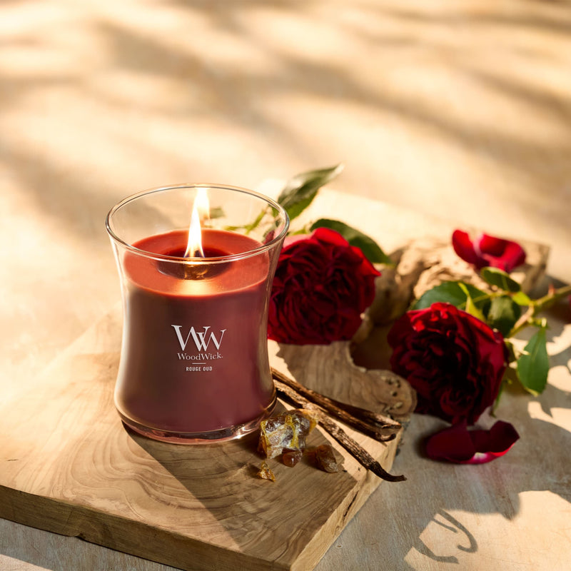 WoodWick Medium Hourglass Scented Candle, Crackles as it Burns, Rouge Oud, 9.7oz