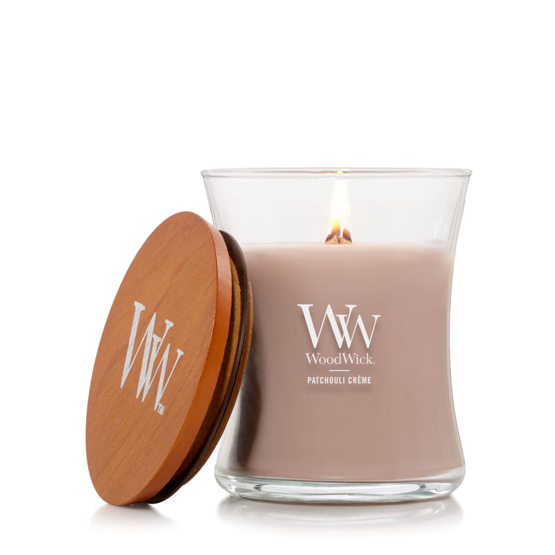 WoodWick Medium Hourglass Scented Candle, Crackles as it Burns, Patchouli Creme, 9.7oz
