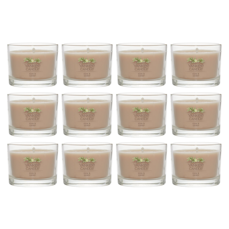 Yankee Candle Signature Votive Mini Candle Jar,  Sun & Sand Scent, Natural Soy Wax Blend Candle with Natural Fiber Wick, 1.3 OZ Glass Jar (Pack of 12)