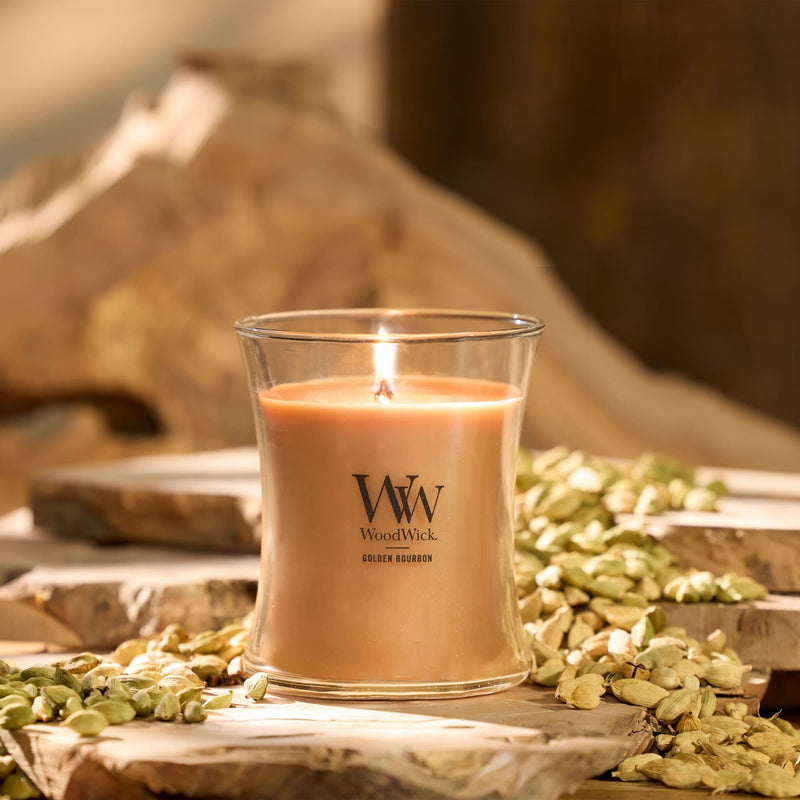 WoodWick Medium Hourglass Scented Candle, Crackles as it Burns, Golden Bourbon, 9.7oz