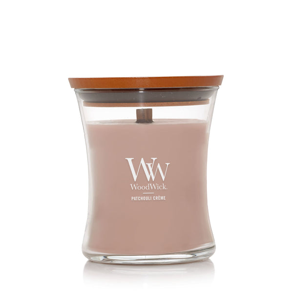 WoodWick Medium Hourglass Scented Candle, Crackles as it Burns, Patchouli Creme, 9.7oz