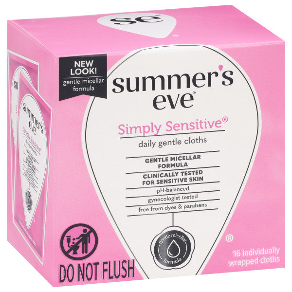 Summer’s Eve Simply Sensitive Daily Gentle Feminine Wipes, Removes Odor, pH balanced, 16 count