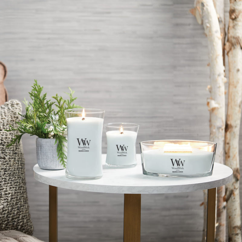 WoodWick Medium Hourglass Scented Candle, Crackles as it Burns, Magnolia Birch, 9.7oz
