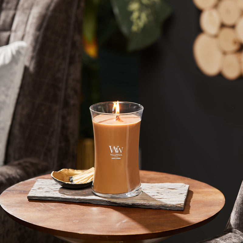 WoodWick Large Hourglass Scented Candle, Crackles as it Burns, Santal Myrrh, 21oz