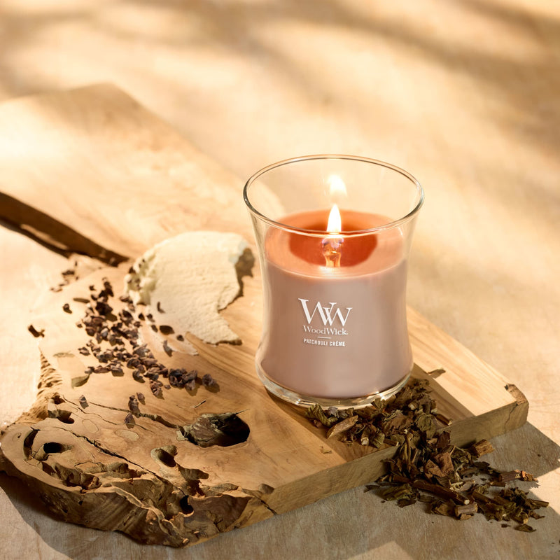 WoodWick Medium Hourglass Scented Candle, Crackles as it Burns, Patchouli Creme, 9.7oz