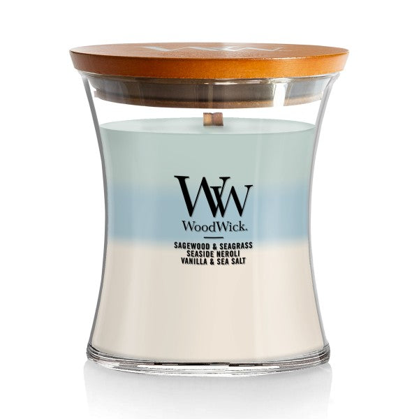 WoodWick Medium Oceanic Trilogy Hourglass Scented Candle, Crackles as it Burns, Sagewood & Seagrass | Seaside Neroli | Vanilla & Sea Salt, 9.7oz