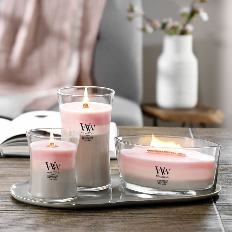 WoodWick Medium Shoreline Trilogy Hourglass Scented Candle, Crackles as it Burns, Melon Blossom | Coastal Sunset | Palo Santo, 9.7oz