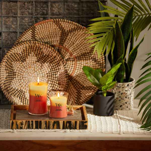 WoodWick Medium Tropical Sunrise Trilogy Hourglass Scented Candle, Crackles as it Burns, Blue Java Banana | Seaside Mimosa | Tamarind & Stonefruit, 9.7oz